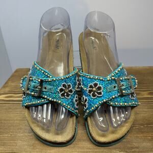 MUAH Beaded Floral Slide Sandals SZ 6.5-7 Buckle Strap Cork Glam Fairy Delicate